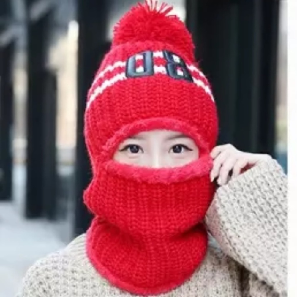 Fleece Lined Red Balaclava Knit Ski Mask Beanie - Picture 2 of 8